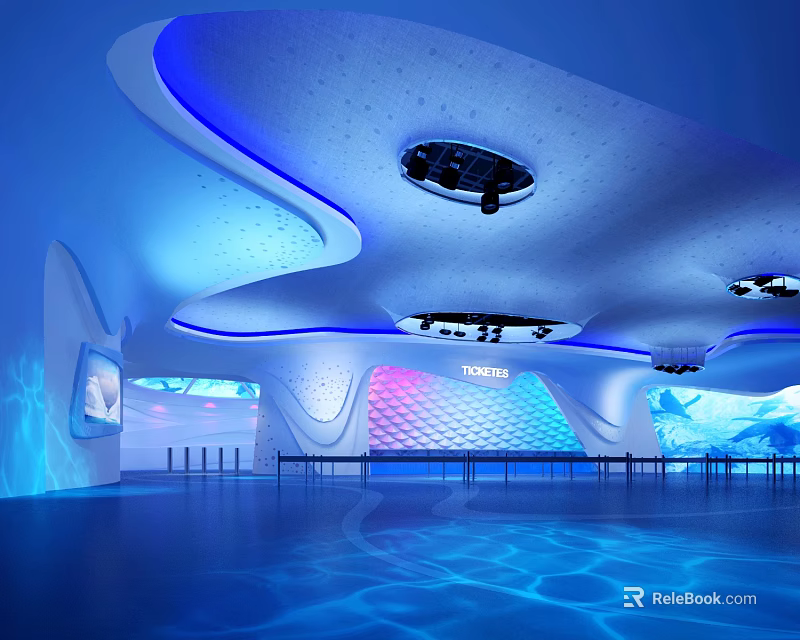 Modern Indoor Amusement Park Featuring Wave Shaped Ceiling And Blue Purple Lighting 3d model 