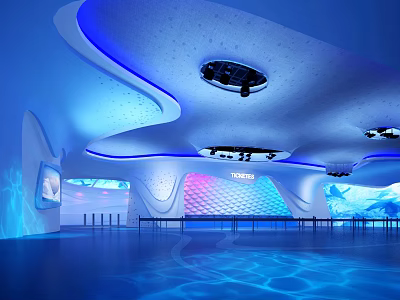 Modern Indoor Amusement Park Featuring Wave Shaped Ceiling And Blue Purple Lighting 3d model