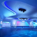 Modern Indoor Amusement Park Featuring Wave Shaped Ceiling And Blue Purple Lighting