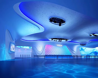 Modern Indoor Amusement Park Featuring Wave Shaped Ceiling And Blue Purple Lighting 3d model