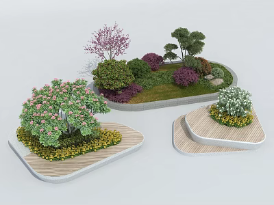Arbor Centered Landscape Design With Shrubs Flowers And Wooden Platforms In Multiple Garden Areas 3d model