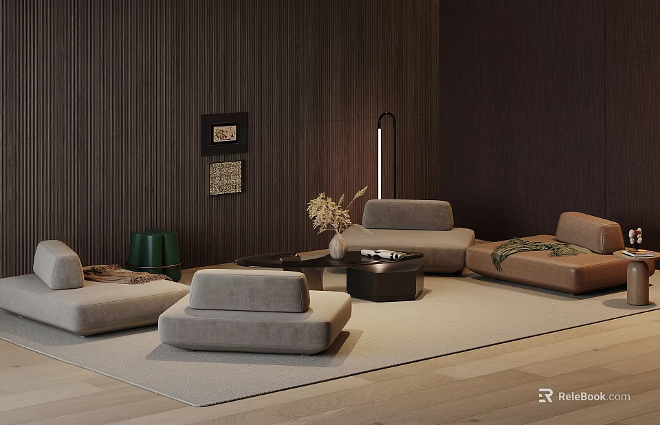 Light Gray Modern Sofa Set with Round Black Coffee Table and Wooden Wall Decor Accents 3d model 