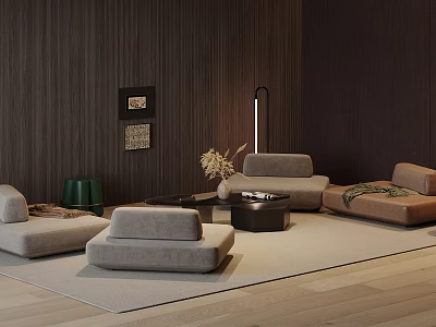 Light Gray Modern Sofa Set with Round Black Coffee Table and Wooden Wall Decor Accents 3d model