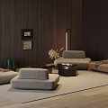 Light Gray Modern Sofa Set with Round Black Coffee Table and Wooden Wall Decor Accents