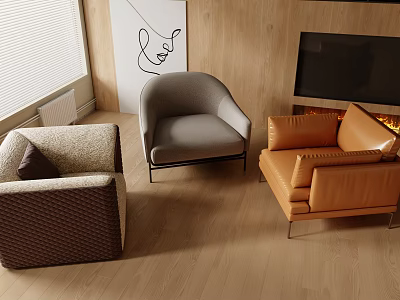 Modern Single Sofa in Gray Brown Woven and Orange Leather with Wooden Wall Fireplace Window 3d model