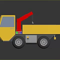 Small Yellow Utility Vehicle with Open Cargo Bed and Red Crane Attachment