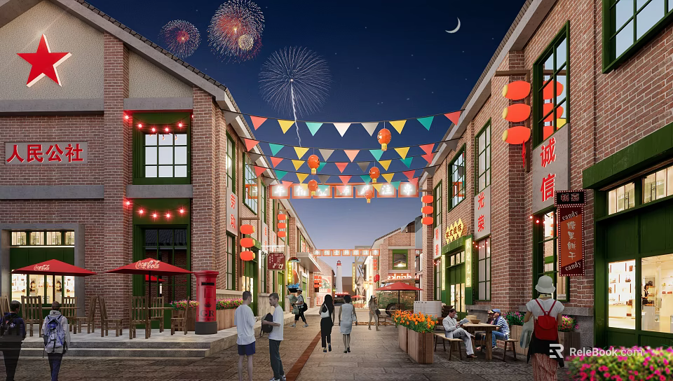 Night Scene Commercial Street With Fireworks Red Lanterns Colored Flags Red Brick Buildings And Pedestrians 3d model 