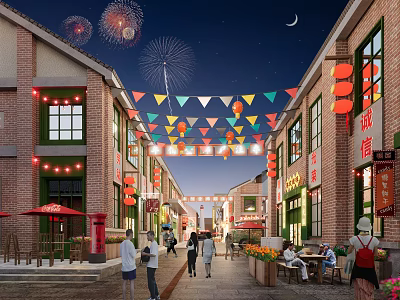 Night Scene Commercial Street With Fireworks Red Lanterns Colored Flags Red Brick Buildings And Pedestrians 3d model