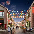 Night Scene Commercial Street With Fireworks Red Lanterns Colored Flags Red Brick Buildings And Pedestrians