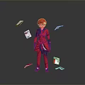 Child in Red Outfit Standing with Multiple Flying Cards on Gray Background