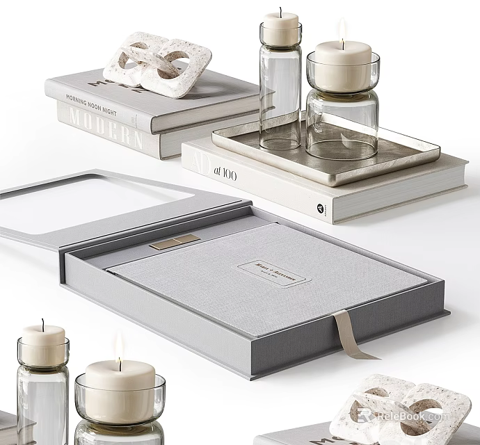 Elegant Decorative Ornament Set With Open Box Stacked Books Candles Glass Jars And Tray 3d model 
