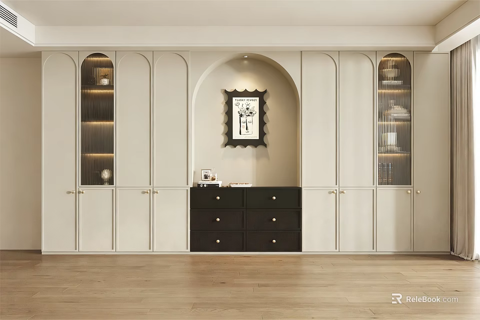 Elegant Modern Bookcase With Arched Design Black Drawer Cabinet Glass Doors And Decorative Items 3d model 