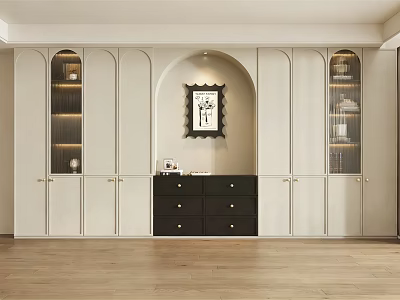 Elegant Modern Bookcase With Arched Design Black Drawer Cabinet Glass Doors And Decorative Items 3d model