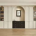 Elegant Modern Bookcase With Arched Design Black Drawer Cabinet Glass Doors And Decorative Items