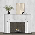 White Modern Fireplace With Green Plant Vase Artwork On Mantel And Burning Fire