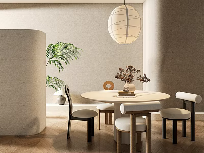 Modern Round Dining Table Set With Minimalist Chairs Woven Pendant Light Green Plant 3d model
