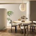 Modern Round Dining Table Set With Minimalist Chairs Woven Pendant Light Green Plant