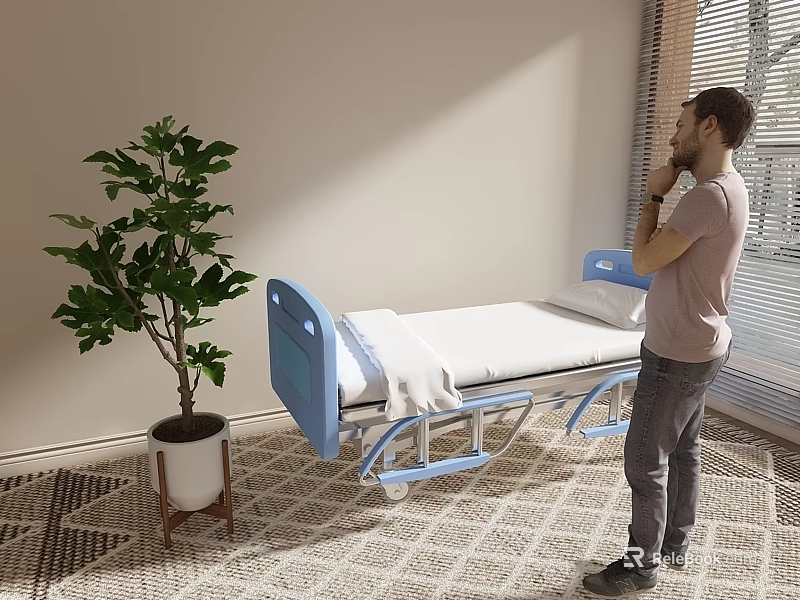 Man Standing Near Blue Folding Bed In Room With Green Plant And Carpet 3d model 