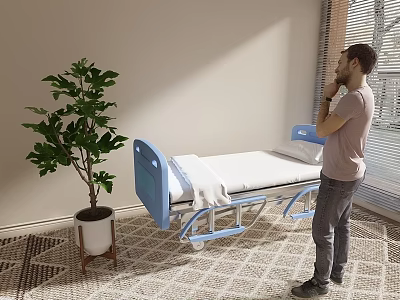 Man Standing Near Blue Folding Bed In Room With Green Plant And Carpet 3d model