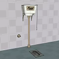 White Toilet with Golden Stand and Tank Mounted on Green Wall and Flush Button
