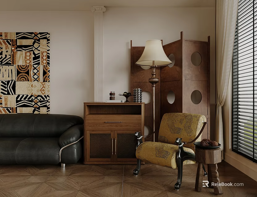 Stylish Living Room Interior Design With Black Sofa Yellow Armchair Wooden Cabinet And Floor Lamp 3d model 