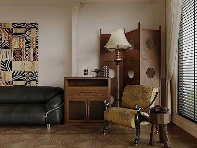 Stylish Living Room Interior Design With Black Sofa Yellow Armchair Wooden Cabinet And Floor Lamp 3d model