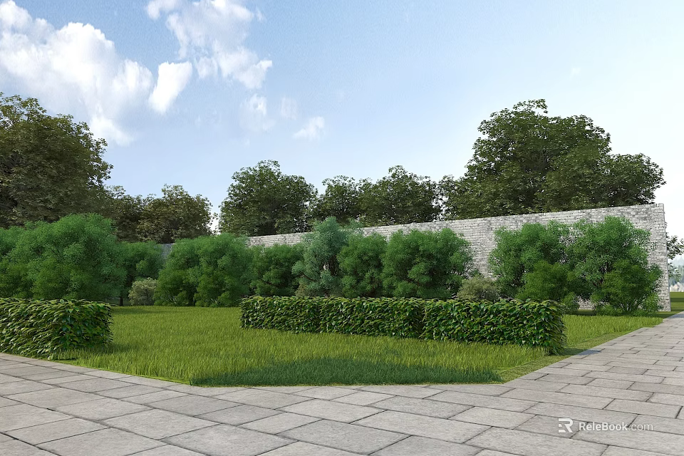 Beautiful Garden Landscape With Green Lawn Trimmed Hedges Stone Wall Trees And Stone Paving Path 3d model 