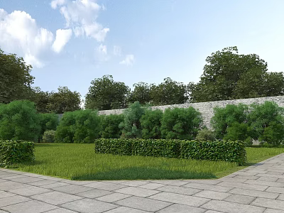 Beautiful Garden Landscape With Green Lawn Trimmed Hedges Stone Wall Trees And Stone Paving Path 3d model