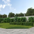 Beautiful Garden Landscape With Green Lawn Trimmed Hedges Stone Wall Trees And Stone Paving Path