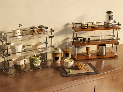 Practical Kitchen Shelving Units With Metal And Wooden Racks For Mugs Jars And Coffee Maker 3d model