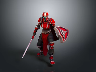 Man wearing red armor holding sword and shield in battle stance with dynamic pose 3d model