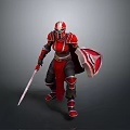 Man wearing red armor holding sword and shield in battle stance with dynamic pose