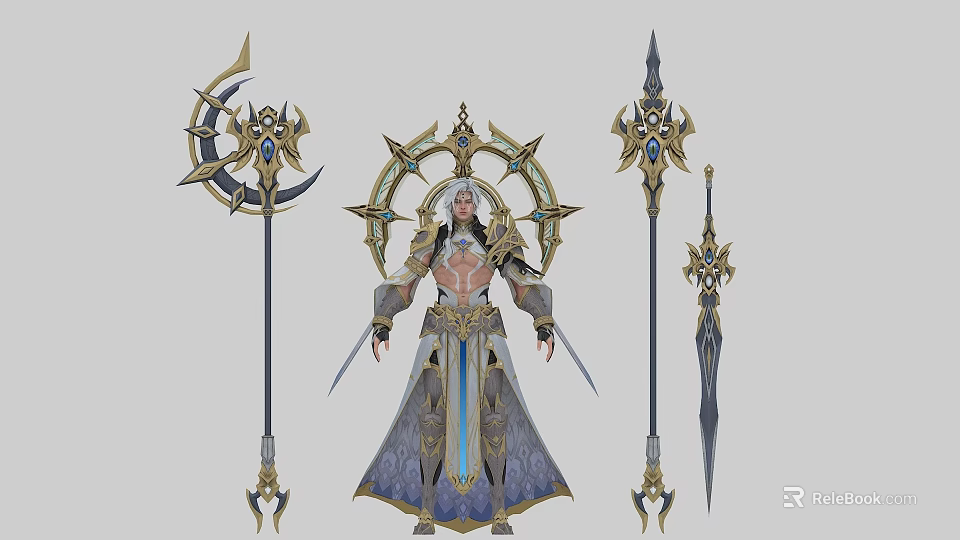 Game Movie Character in Ornate Armor Flowing Robe with White Hair and Mythical Weapons 3d model