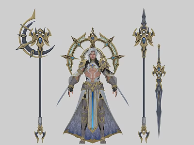 Game Movie Character in Ornate Armor Flowing Robe with White Hair and Mythical Weapons 3d model