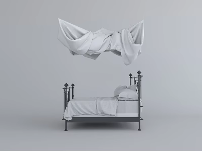 Elegant Double Bed with Black Metal Frame Ornate Details White Linens and Draped Fabric 3d model