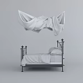 Elegant Double Bed with Black Metal Frame Ornate Details White Linens and Draped Fabric