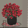 Red Roses Arrangement in Black Vase on Metal Stand with Rose Petals and Window Blinds