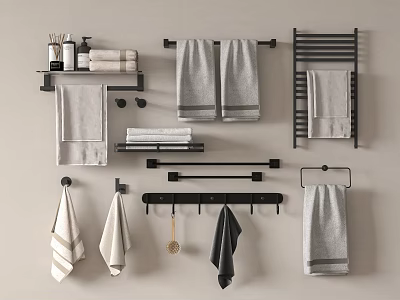 Bathroom Towels in Gray White Black with Various Racks Bars and Storage Shelves 3d model