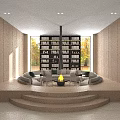 Modern Light Wood Sales Office With Sunken Lounge Central Fireplace And Full Wall Bookshelf