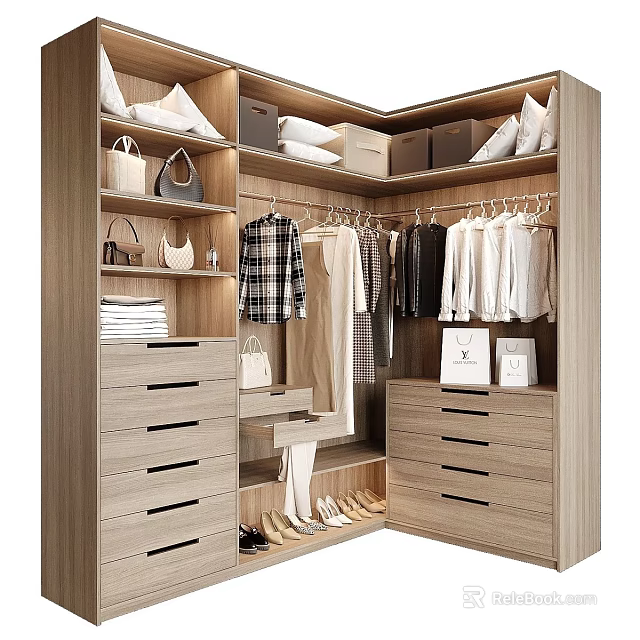 Modern Wooden Wardrobe Interior With Hanging Clothes Drawers Storage Boxes And Shoes 3d model 