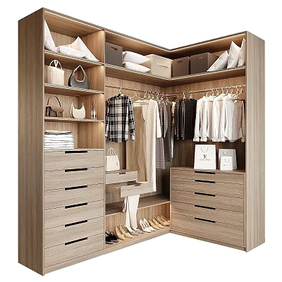 Modern Wooden Wardrobe Interior With Hanging Clothes Drawers Storage Boxes And Shoes 3d model
