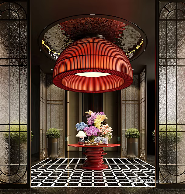 Hotel Lobby Interior Featuring Large Red Chandelier Colorful Flower Arrangement And Decorative Plants 3d model 