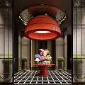 Hotel Lobby Interior Featuring Large Red Chandelier Colorful Flower Arrangement And Decorative Plants