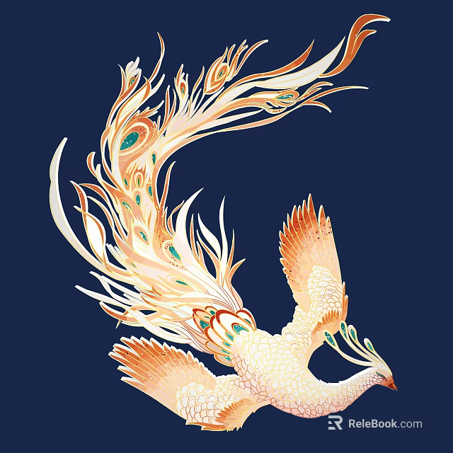Exquisite Carved Phoenix With Golden Orange Green Feathers Intricate Patterns On Deep Blue Background 3d model 