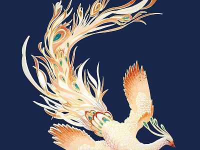 Exquisite Carved Phoenix With Golden Orange Green Feathers Intricate Patterns On Deep Blue Background 3d model