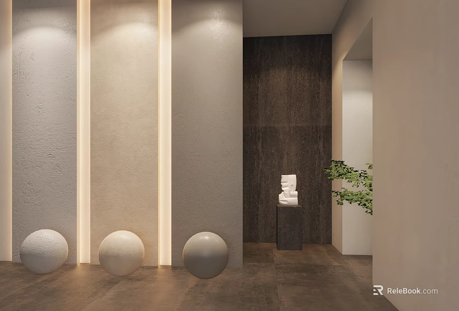 Modern Interior With Light Colored Walls Dark Wooden Wall Three White Spheres Sculpture And Greenery 3d model 