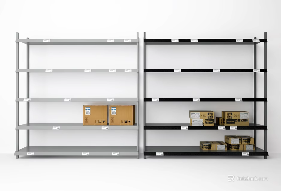 Gray and Black Multi Tier Display Shelving Units with Cardboard Boxes 3d model