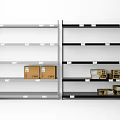 Gray and Black Multi Tier Display Shelving Units with Cardboard Boxes 3d model