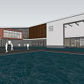 Modern Architectural Exterior Featuring Glass Curtain Wall Wooden Accents Reflection Pool And People Walking