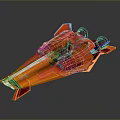 Futuristic Orange Spaceship Model with Aerodynamic Design Blue Accents and White Stripes